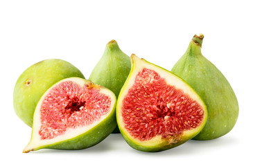 Green figs and two red halves close up on a white background.