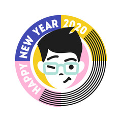 Young winking and smiling male character in round frame with text. Happy New Year 2020 cute badge isolated on white background. Flat style vector illustration for seasonal design