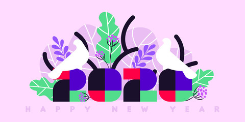 Happy New Year 2020 greeting card. Multicolored numbers with tropical palm leaves and white birds on violet background. Stylish vector illustration for brochure cover or holiday calendar