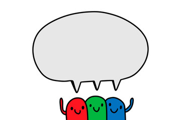 Thre funny creatures talking red blue green speech bubble