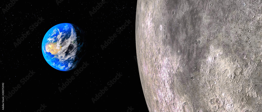 Wall mural view from the moon to the earth (3d rendering.this image elements furnished by nasa)