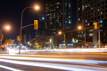 Night view with car lights at Don Mills in North York, Ontario, Canada