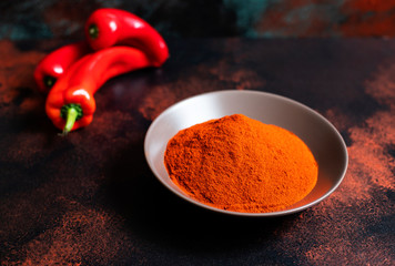 Paprika powder in a plate on a colorful oriental background. Bright colours. Selective focus. Space for text. Close-up