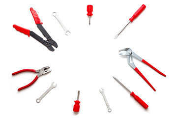 Set of tools and instruments at white surface background. Isolated.