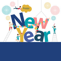 Happy new year banner with cartoon character flat icon style in white background vector