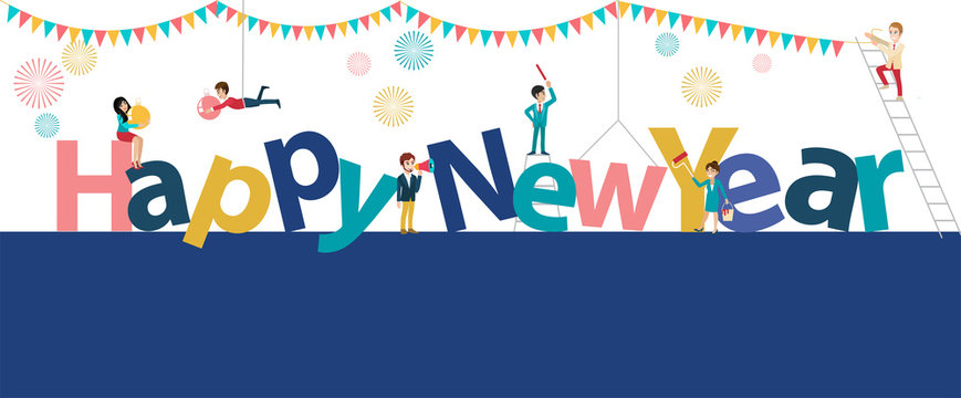 Happy new year banner with cartoon character flat icon style in white background vector