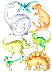 watercolor illustration dinosaurs set color sketch