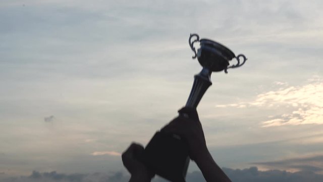 a man holding up a trophy cup on against cloudy twilight sky background, The winner and successful concept 
