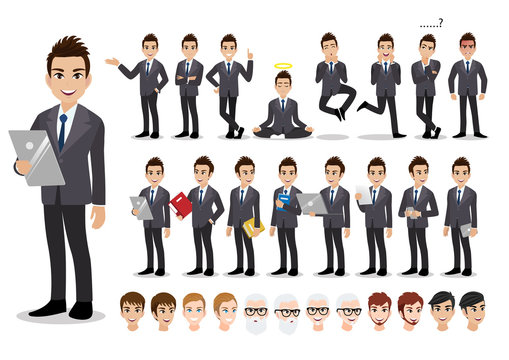 Businessman cartoon character set. Handsome business man in office style smart suit . Vector illustration