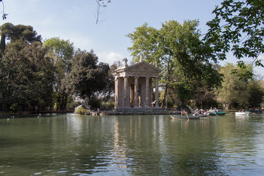 Lake and Temple of Aesculapius in the Villa Borghese Gardens, Pincian Hill, Rome, Italy.