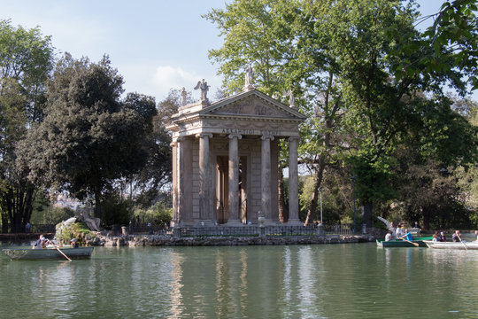Lake and Temple of Aesculapius in the Villa Borghese Gardens, Pincian Hill, Rome, Italy.