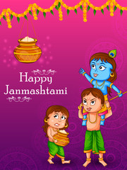 Kanha stealing makhan (cream) with Sudama and Balrama on Krishna Janmashtami background in vector