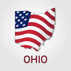 Map of the state of Ohio in combination with a waving the flag of the United States. Ohio silhouette or borders for geographic themes - Vector