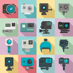 Action camera icons set. Flat set of action camera vector icons for web design