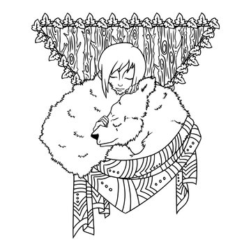 Ethnic illustration, sleeping girl and bear.