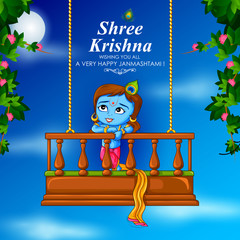 Little Kanha on Krishna Janmashtami festival background of India in vector