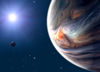 Jupiter and moon, satellite view of the planet and sun. View of a satellite orbiting the planet. 3d render. Element of this image are furnished by NASA © Naeblys