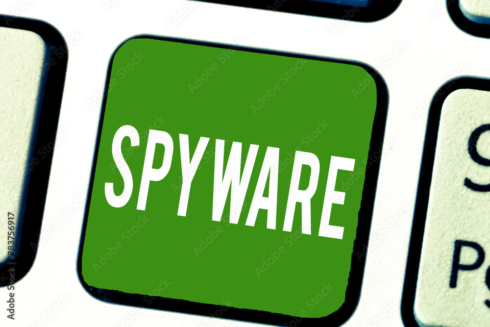 Poster writing note showing spyware. business photo showcasing software that enables user obtain informatio