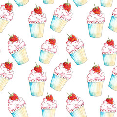 Watercolor seamless pattern. Colorful Cupcakes, Muffins. White background
