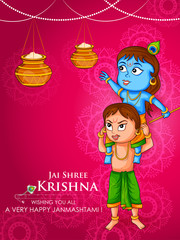 Kanha stealing makhan (cream) with Sudama and Balrama on Krishna Janmashtami background in vector