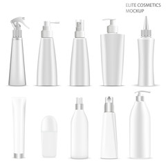 Cosmetic Bottle Package. 3d Plastic Container Blank fof Lotion, Spray, Cream, Shampoo Product with Dispenser Pump. Beauty and Skin Care Jar Template Design. Healthcare and medical Bottle Pack