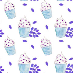 Watercolor seamless pattern. Colorful Cupcakes, Muffins. White background