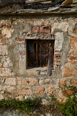 Wooden windows in a stone building