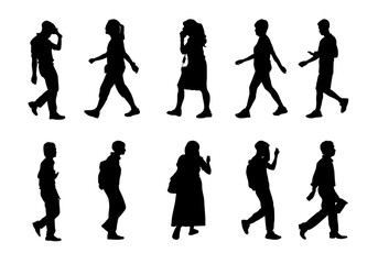 Obraz premium Black men and women on white background, Silhouette people walking vector set