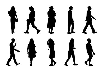 Black people walking on white background, Silhouette men and women vector set