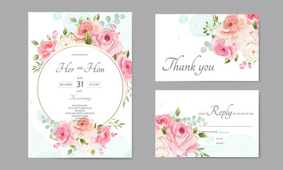 wedding invitation card  template set with beautiful floral leaves
