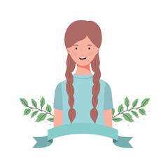 young woman with branches and leaves background