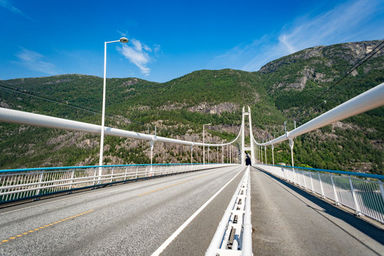 Hardanger Bridge. Hardangerbrua connecting two sides of Hardangerfjorden. Norway Hardangerfjord Hardanger bridge. newly built Hardangerbrua bridge close to Ulvik in Western Norway