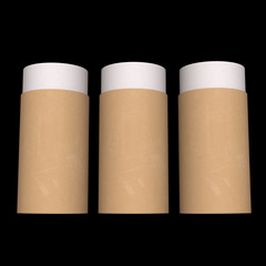 Kraft paper cardboard tube package mock up. 3d render on black background.