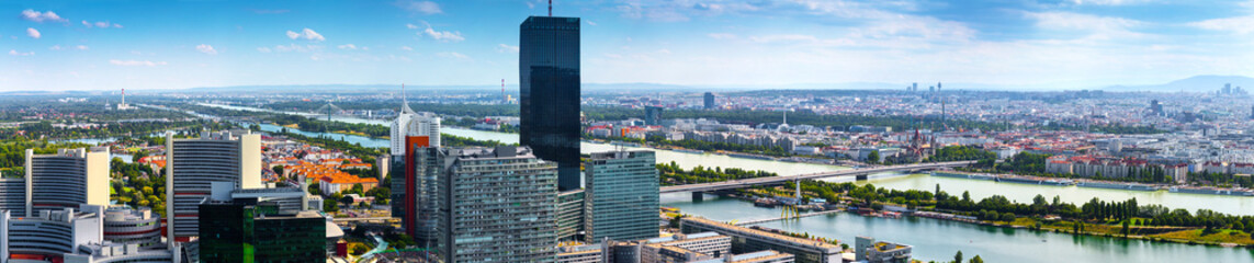 Stunning aerial panoramic cityscape view austrian capital city of Vienna. Modern glass-concrete...