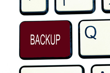 Conceptual hand writing showing Backup. Business photo showcasing Copy of file data made in case original is lost or damaged Support.