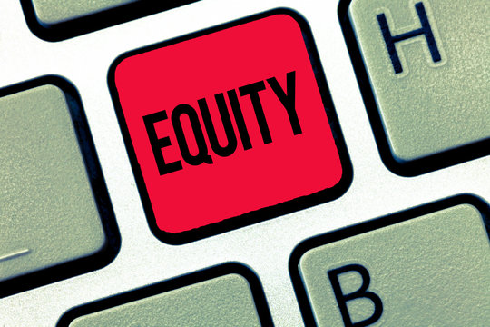 Text sign showing Equity. Conceptual photo quality of being fair and impartial race free One hand Unity.