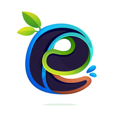 E letter logo ecology stylized with green leaves and dew drops.