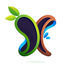 X letter logo ecology stylized with green leaves and dew drops.
