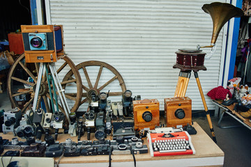 Old vintage rare retro photographic equipment, photo cameras sold at the flea market, swap meet