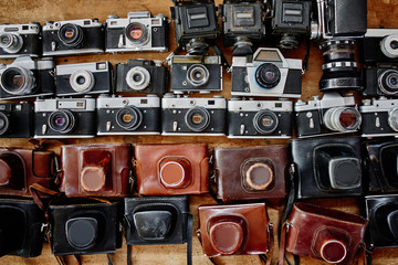 Old vintage rare retro photographic equipment, photo cameras sold at the flea market, swap meet