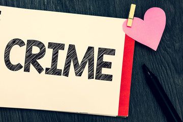 Writing note showing Crime. Business photo showcasing Federal Offense actions Illegal Activities...