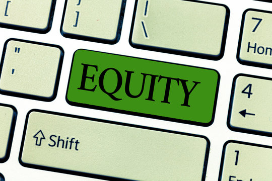 Writing note showing Equity. Business photo showcasing quality of being fair and impartial race free One hand Unity.