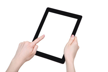 Tablet computer in female hands isolated on white background