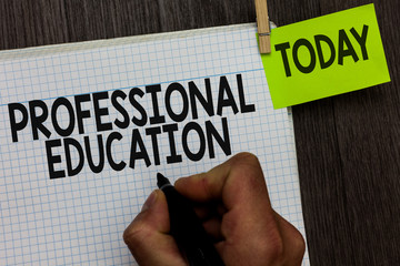 Word writing text Professional Education. Business concept for Continuing Education Units Specialized Training Man holding marker notebook clothespin hold reminder wooden background