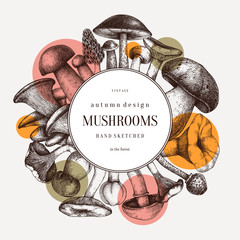 Edible mushrooms vector wreath.  Forest plants background. Perfect for recipe, menu, label, icon, packaging. Vintage mushrooms design. Healthy food elements. Hand drawn illustration. © sketched-graphics
