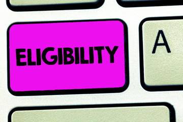 Conceptual hand writing showing Eligibility. Business photo showcasing State of having the right for doing or obtain something Proper.