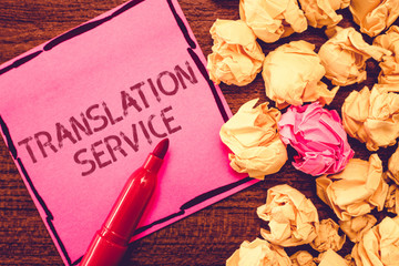 Text sign showing Translation Service. Conceptual photo the Equivalent Target Language from the...