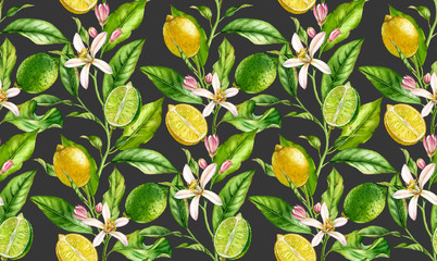 Lemon Lime branch seamless pattern watercolor fruit tree with flowers realistic botanical floral surface design: whole half citrus leaves on cream beige background hand drawn for textile wallpaper