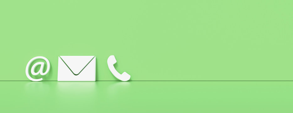 Contact icons leaning against a wall for hotline and service concept