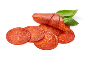 Chorizo sausage slices, Traditional spanish sausage, isolated on white background